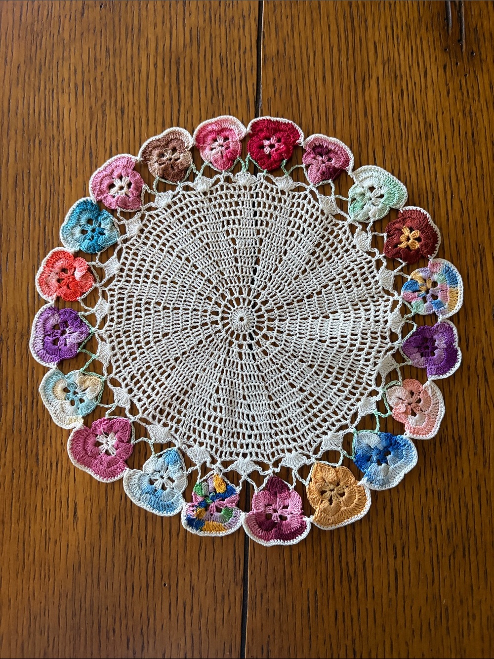 Handmade White Crochet Doily with Multicolor Floral Edge